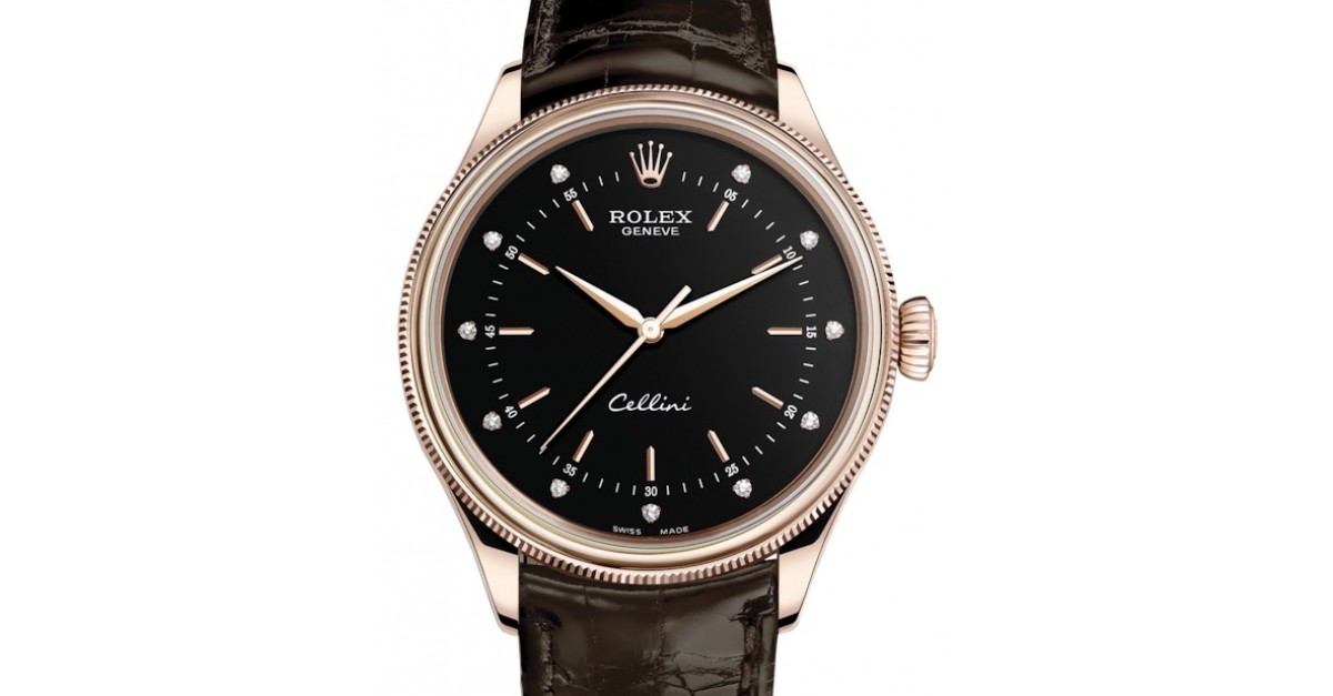 Rolex Cellini Time Rose Gold Black Diamond Dial Domed & Fluted Double Bezel  Tobacco Leather Bracelet 50505 - BRAND NEW