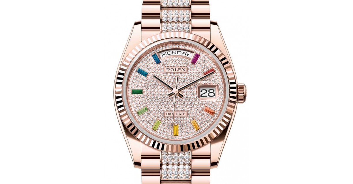 Rolex Day-Date 36 President Rose Gold Rainbow Colored Sapphires Dial Fluted  Bezel Diamond Bracelet 128235 - BRAND NEW