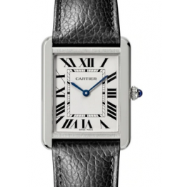 Cartier Tank Solo Silver Dial Stainless Steel Bezel Black Leather Strap  34.8 mm x 27.4 mm WSTA0028 - BRAND NEW