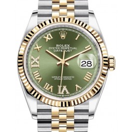 Rolex Datejust 36 Yellow Gold/Steel Olive Green Roman Diamond VI Dial &  Fluted Bezel Jubilee Bracelet 126233 - BRAND NEW