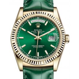 Rolex 36 Gold Green Index Dial & Bezel Green Leather Strap 118138 BRAND NEW