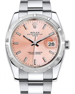 Rolex Oyster Perpetual Date 34 Stainless Steel Pink Index Dial & Engine-Turned Bezel Oyster Bracelet 115210 