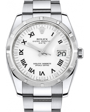 Rolex Oyster Perpetual Date 34 Stainless Steel White Roman Dial & Engine-Turned Bezel Oyster Bracelet 115210