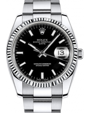 Rolex Oyster Perpetual Date 34 White Gold/Steel Black Index Dial & Fluted Bezel Oyster Bracelet 115234