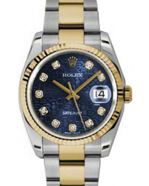Rolex Datejust 36 116233-BLJDFO Blue Jubilee Dial Diamond Fluted Yellow Gold Stainless Steel Oyster