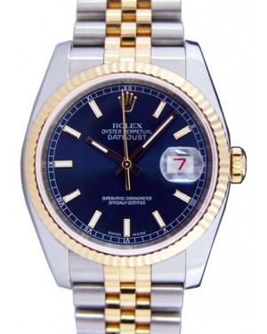 Rolex Datejust 36 116233-BLUSJ Blue Index Fluted Yellow Gold Stainless Steel Jubilee