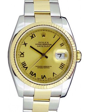 Rolex Datejust 36 116233-GLDRFO Champagne Roman Fluted Yellow Gold Stainless Steel Oyster 