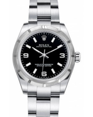 Rolex Oyster Perpetual 31 Ladies Midsize Stainless Steel Black Arabic / Index Dial Engine-Turned Bezel & Oyster Bracelet 177210 - BRAND NEW