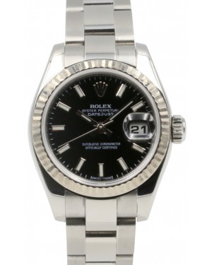 Rolex Datejust 179174 26mm Ladies Small Black Index Oyster Stainless Steel Fluted 18k White Gold