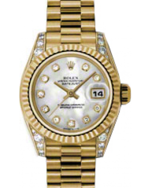 Rolex Lady-Datejust 26 179238-MOPDP White Mother of Pearl Diamond Dial Diamond Set Fluted Yellow Gold President - BRAND NEW