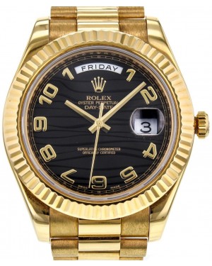 Rolex Day-Date II Yellow Gold 41mm Black Arabic Wave Dial Fluted President Bracelet 218238