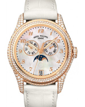 Patek Philippe 4937R-001 Complications Ladies Annual Calendar Moon Phase 37mm White Mother of Pearl Arabic Rose Gold Diamond Set Leather Date BRAND NEW