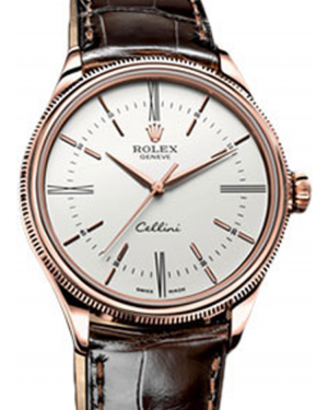 Rolex Cellini Time 50505-WHT White Index / Roman Rose Gold Brown Leather BRAND NEW