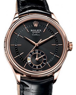 Rolex Cellini Dual Time 50525-BLK Black Guilloche Index Rose Gold Black Leather Manual BRAND NEW