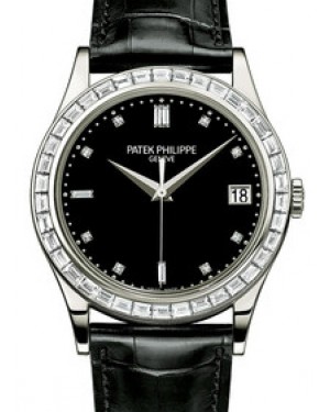 Patek Philippe Calatrava Black Baguette Diamond Bezel Date Platinum Leather  5298P-012 - BRAND NEW
