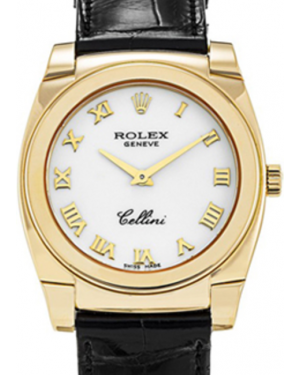 Rolex Cellini Ladies 5320-8 White Roman Yellow Gold Black Leather Manual BRAND NEW