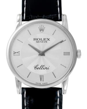 Rolex Cellini Quartz Ladies 6111-9 Silver Roman / Index White Gold Black Leather BRAND NEW