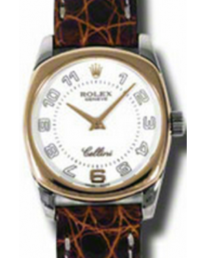 Rolex Cellini Danaos 6229-9 White Arabic Rose Gold Bezel White Gold Brown Leather Quartz BRAND NEW