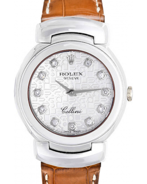 Rolex Cellini Quartz Ladies 6621-9 Silver Jubilee Diamond White Gold Brown Leather BRAND NEW