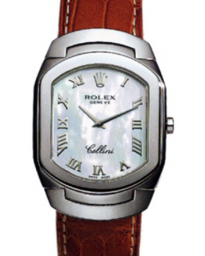 Rolex Cellini Quartz Ladies 6633-9 White Mother of Pearl Roman White Gold Brown Leather BRAND NEW