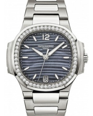 Patek Philippe 7018/1A-010 Nautilus Ladies 33.6mm Blue Mother of Pearl Index Diamond Bezel Stainless Steel Date BRAND NEW