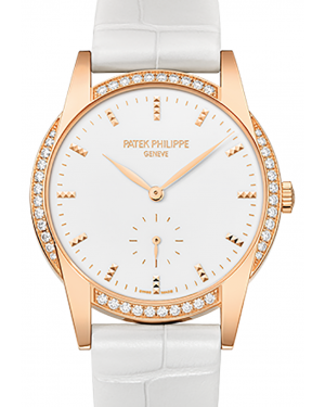 Patek Philippe 7122-200R-001 Ladies Calatrava 33mm White Hobnail Index Diamond Bezel Rose Gold Leather BRAND NEW