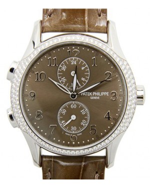 Patek Philippe Complications Ladies Calatrava Time Travel White Gold Diamond 35mm Brown Dial Leather Manual 7134G-001 - BRAND NEW