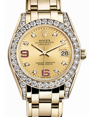 Rolex Pearlmaster 34 81158 Champagne Diamond Set Arabic 6 & 9 set with Rubies Yellow Gold BRAND NEW