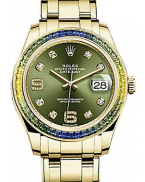 Rolex Pearlmaster 39 86348SABLV Olive Green Diamond Set with Sapphires Yellow Gold BRAND NEW