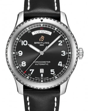 Breitling Aviator 8 Automatic Day & Date 41 Stainless Steel 41mm Black Dial Leather Strap A45330101B1X1 - BRAND NEW