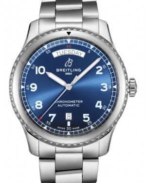 Breitling Aviator 8 Automatic Day & Date 41 Stainless Steel 41mm Blue Dia Steel Bracelet A45330101C1A1 - BRAND NEW