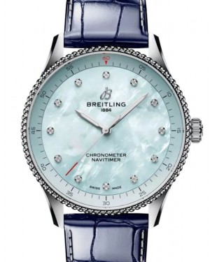 Breitling Navitimer 32 Stainless Steel Blue Mother of Pearl Diamond Dial Leather Strap A77320171C1P1