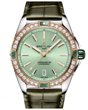 Breitling Super Chronomat Automatic 38 Steel/Red Gold Diamond Bezel Green Dial Leather Strap U17356531L1P1