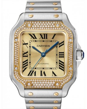 Cartier Santos de Cartier Medium Steel/Yellow Gold Diamond Bezel Golden Dial W3SA0007 - BRAND NEW
