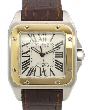 Cartier Santos 100 Yellow Gold/Steel Silver Opaline Roman Dial & Leather Strap W20072X7 - PRE-OWNED