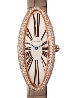 Cartier Baignoire Allongée Extra-Large Rose Gold/Diamonds Silver Dial Leather Strap WJBA0008 - BRAND NEW
