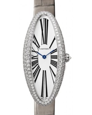 Cartier Baignoire Allongee Medium White Gold/Diamonds Silver Dial Leather Strap WJBA0007 - BRAND NEW