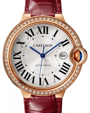 Cartier Ballon Bleu de Cartier Ladies Watch Automatic Rose Gold Diamond Bezel 42mm Silver Dial Alligator Leather Strap WJBB0035 - BRAND NEW
