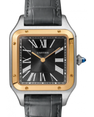 Cartier Santos-Dumont Men's Watch Large Manual Winding Stainless Steel Yellow Gold Black Dial Alligator Leather Strap W2SA0015 - BRAND NEW