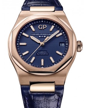 Girard Perregaux Laureato 42mm Pink Rose Gold Blue Dial Leather Strap 81010-52-436-BB4A