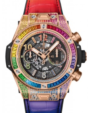 Hublot Big Bang Unico Chronograph Rainbow King Gold 45mm King Gold-Rainbow Gems Colored Gems Bezel Skeleton With Colored Gems Dial Rubber/ Alligator Leather Strap 411.OX.9910.LR.0999 - BRAND NEW