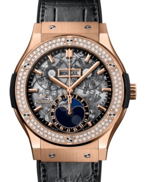 Hublot Classic Fusion Aerofusion Moonphase King Gold Diamonds 45mm Skeleton Sapphire Dial Rubber and Alligator Leather Straps 517.OX.0180.LR.1104 - BRAND NEW