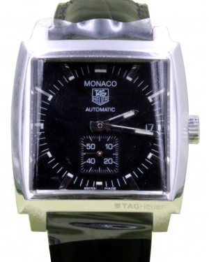TAG Heuer Monaco WW2110.FC6177 37.5mm Black Index Stainless Steel Leather Date BRAND NEW