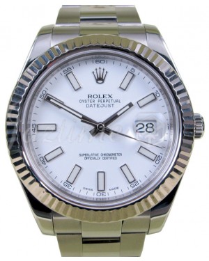 Rolex Datejust II Stainless Steel White Index 41mm Dial Fluted White Gold Bezel Oyster Bracelet 116334 - PRE-OWNED