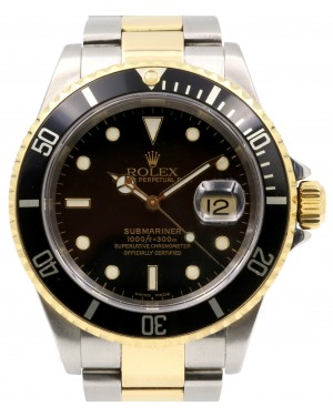 Rolex Submariner Yellow Gold/Steel Black Dial & Aluminum Bezel Oyster Bracelet Holes Case Gold-Thru Clasp 16613 - PRE-OWNED