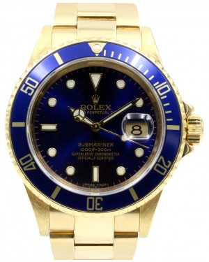 Rolex Submariner 16618 Men's Blue Solid Yellow Gold 40mm Diver Oyster Date - PRE-OWNED