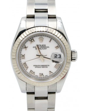 Rolex Datejust 179174 26mm Ladies Small White Roman Oyster Stainless Steel 18k White Gold Fluted BOX PAPERS