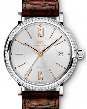 IWC Schaffhausen IW458103 Portofino Automatic 37 Silver Plated Diamond Stainless Steel Set with Diamonds Brown Leather 37mm Automatic