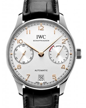 IWC Portugieser Automatic Silver Arabic Dial 42.3mm Stainless Steel Black Alligator Leather Strap IW500704 - BRAND NEW