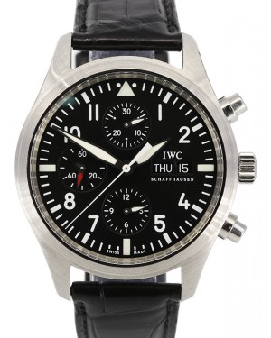 IWC Pilot's Watch Chronograph Black Dial Stainless Steel Bezel Leather Strap IW371701 - PRE-OWNED